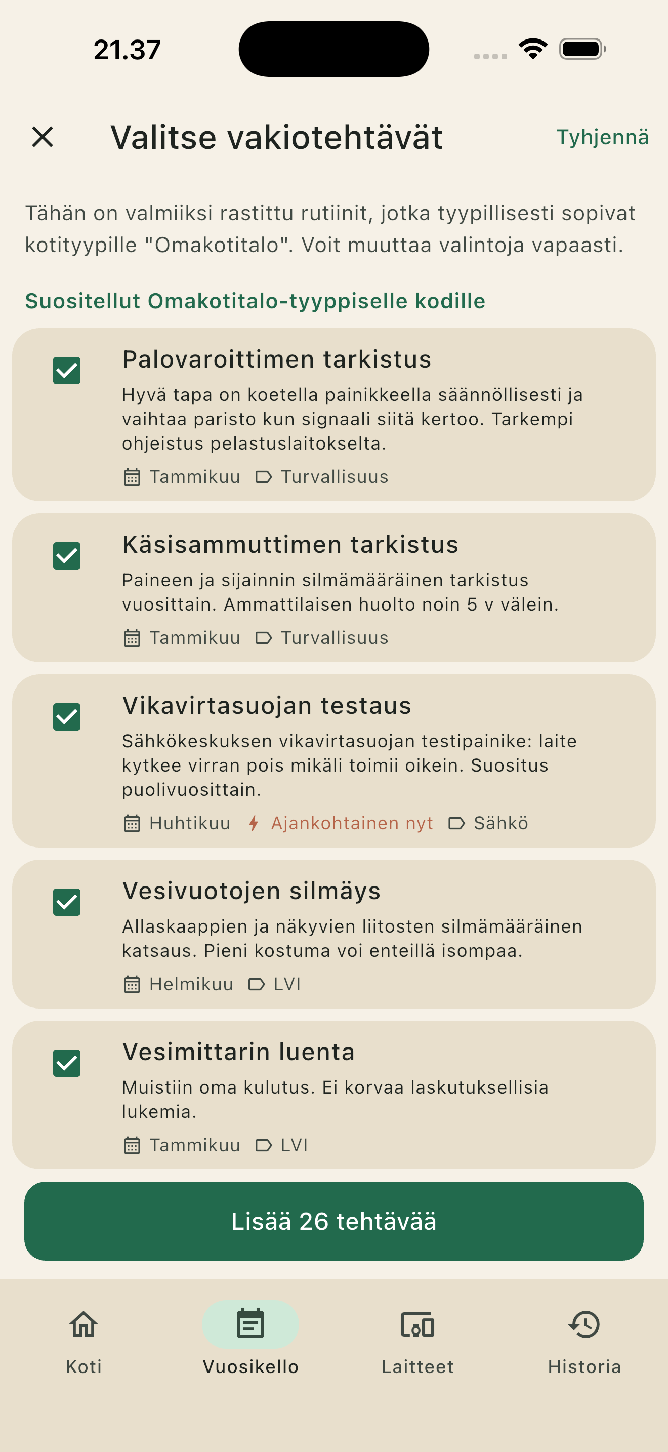 Automaattiset tehtävälistat: rasti ruutuun, Aitta luo huoltosuunnitelman kodin tyypin mukaan.