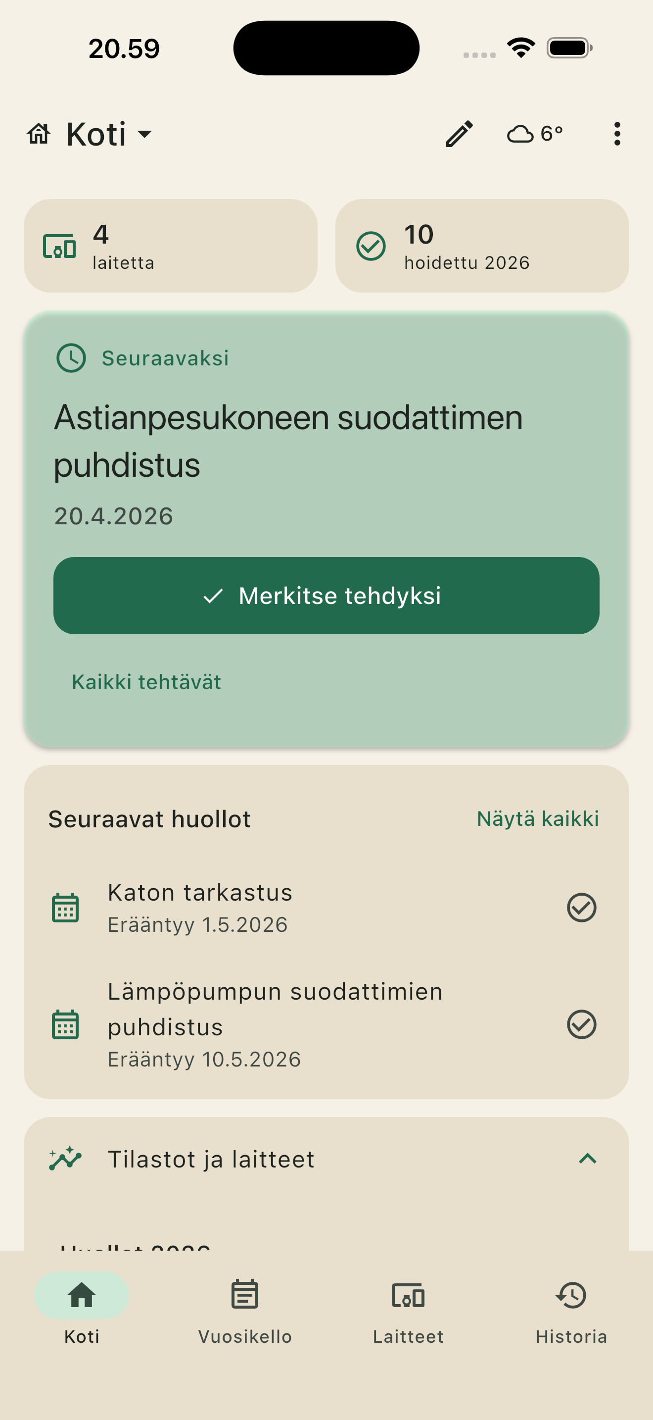 Etusivu: seuraava huolto isosti esillä, seuraavat tehtävät ja vuoden tilastot.