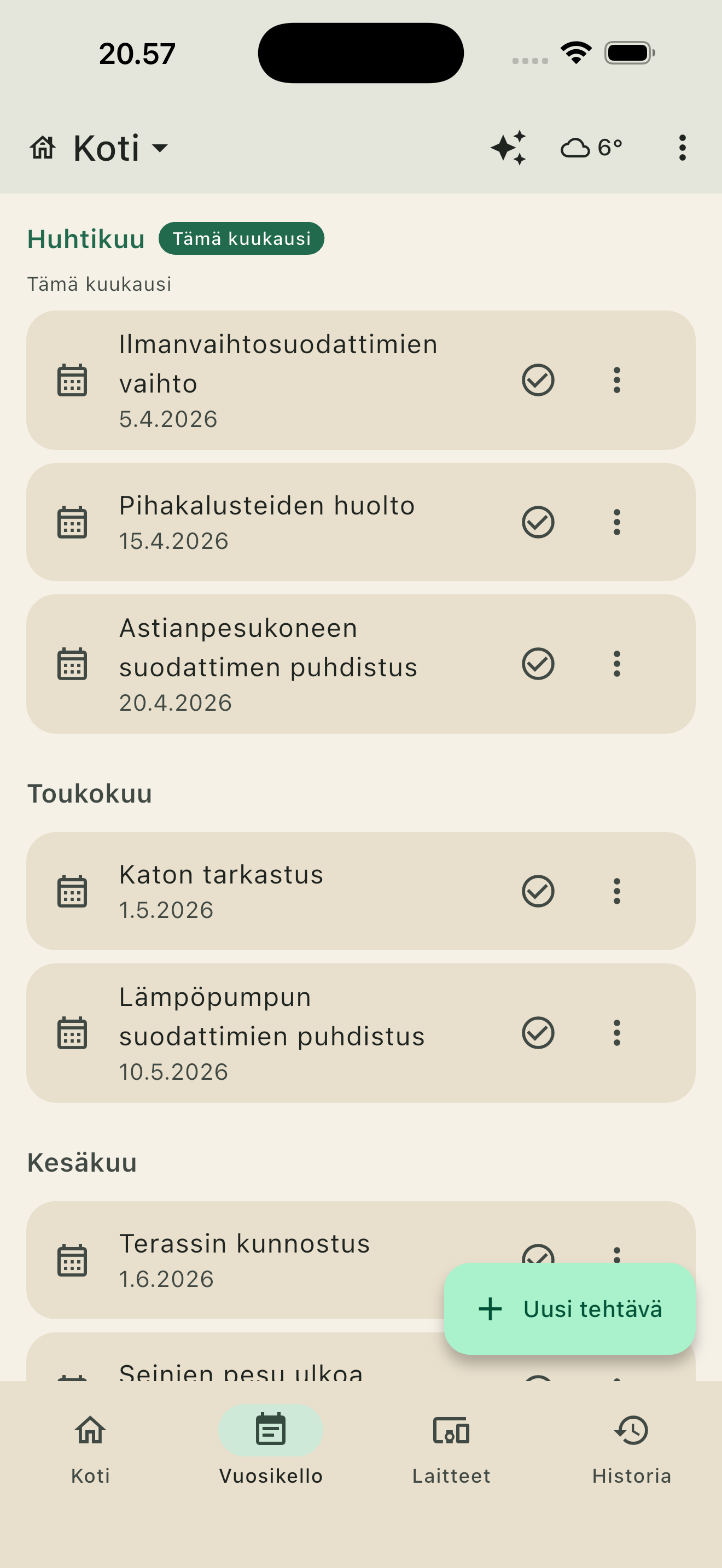 Vuosikello: tulevien 12 kuukauden tehtävät kuukausittain ryhmiteltynä.